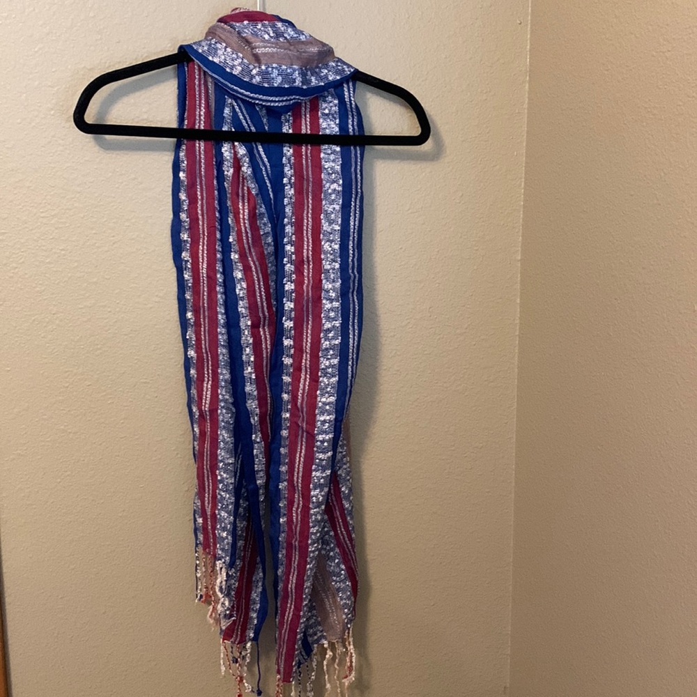 Charming Charlie Red, white and blue metallic scarf